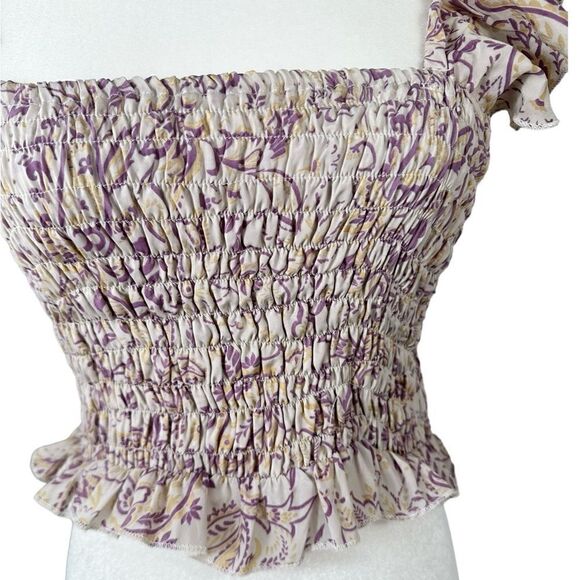 Perry Walker Collective Purple & Yellow Silk Floral Smocked Ruffle Sleeve Top - Picture 6 of 10